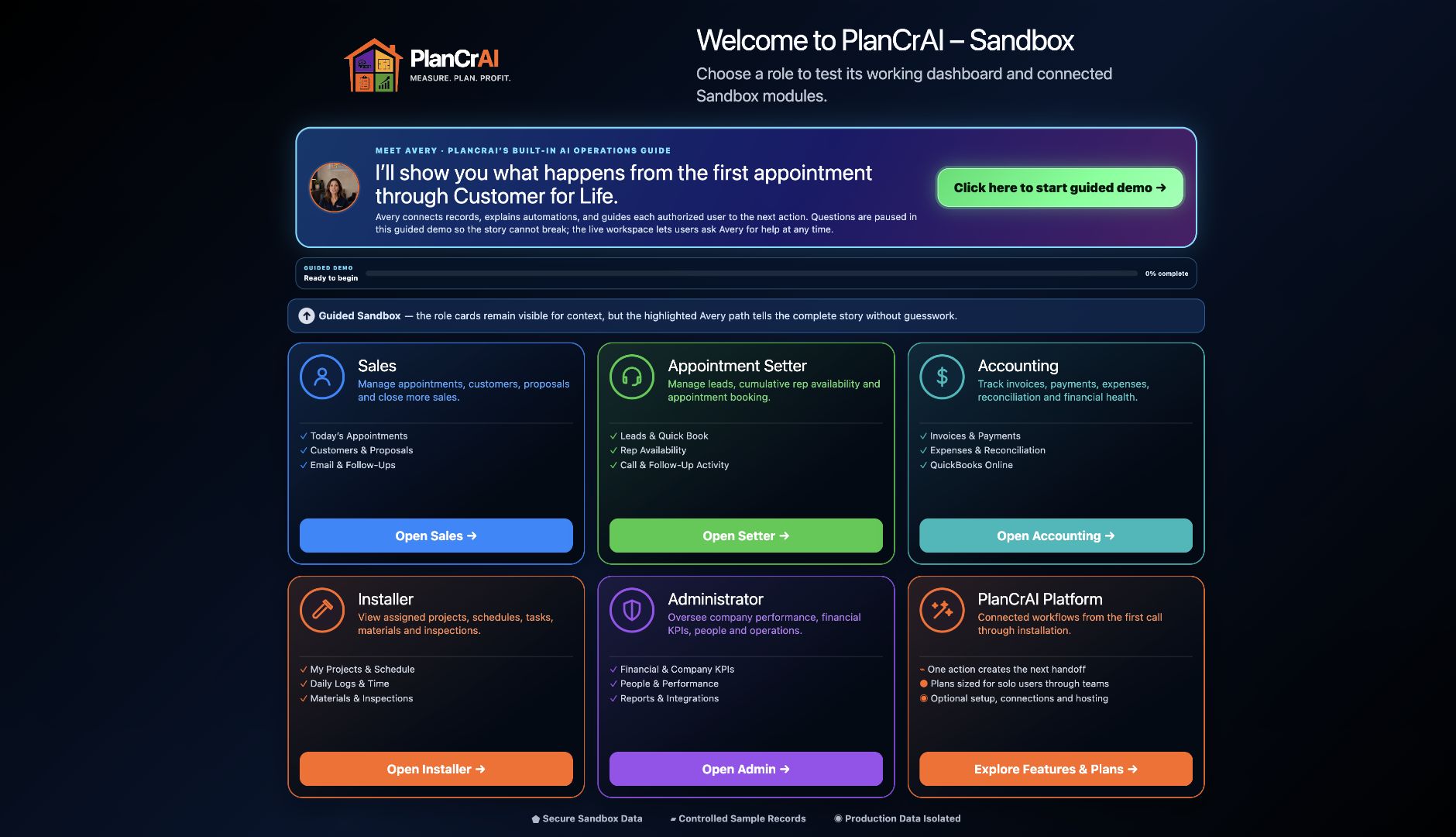 Real PlanCrAI self-guided demo home screen