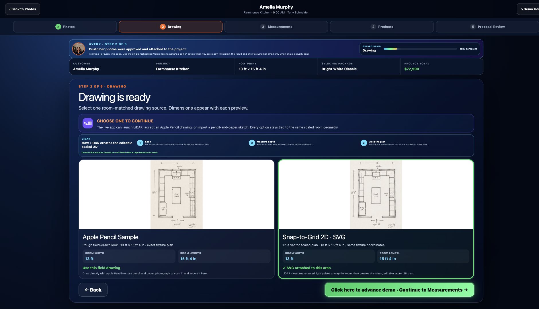Actual PlanCrAI LiDAR drawing screen with scaled room plans and automatically populated dimensions