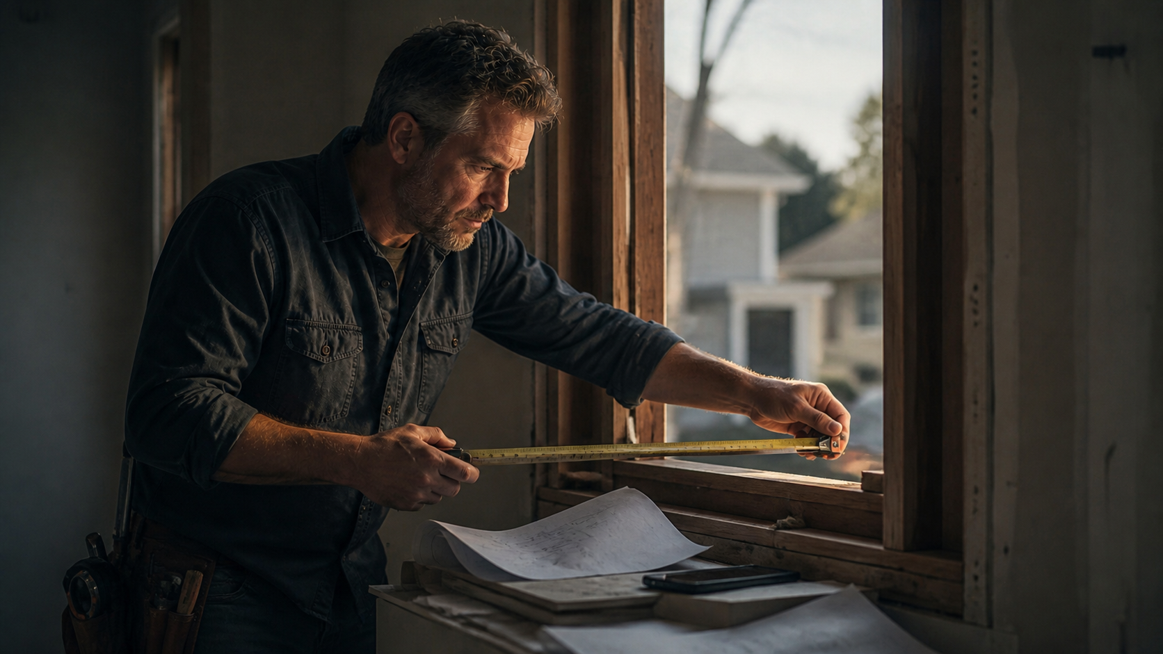 Contractor measuring a room by hand