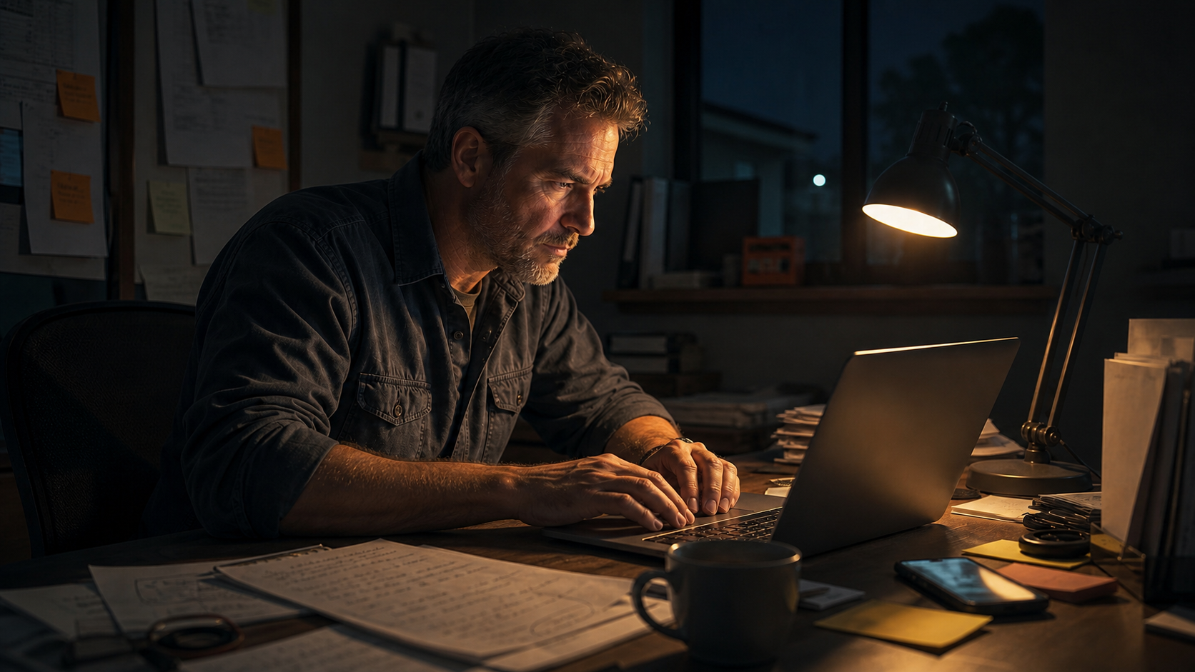 Contractor writing a customer email after hours
