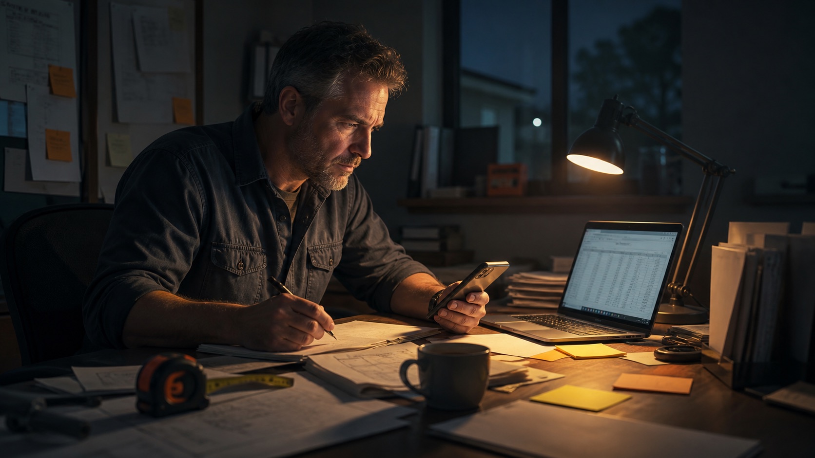 Contractor sorting scattered paperwork late at night