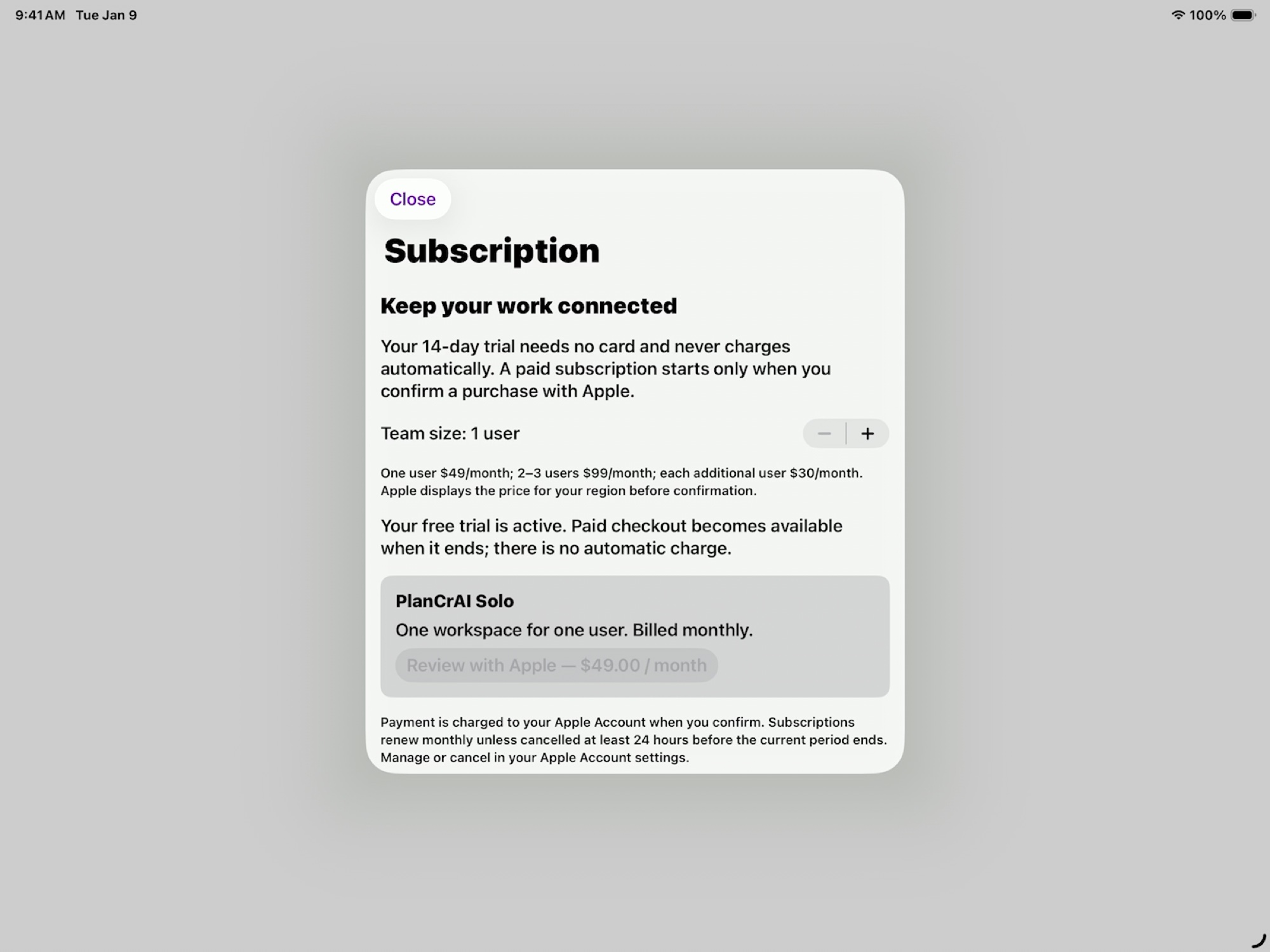 PlanCrAI Subscription sheet showing 14-day trial, one user, and Apple purchase information