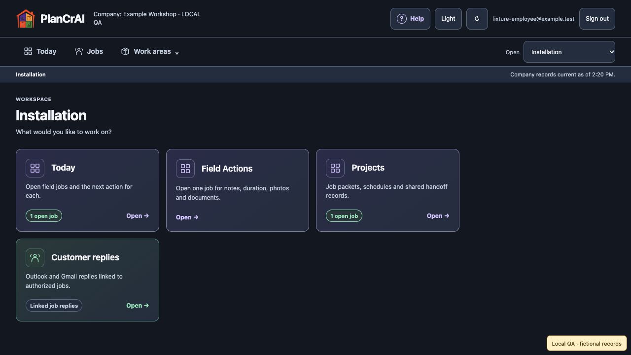 Actual Installer dashboard with sample data